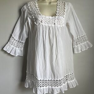 Cute Options White Crochet Ruffle Gauze ¾ Slv. Boho Tunic Cottage Blouse Top M